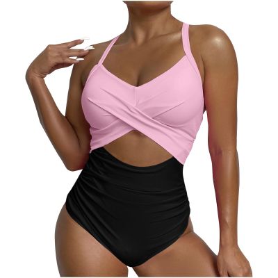 Womens One Piece Swimsuits Sexy Tummy Contro1 Halter Twist Front High Cut Bathing Suit Push Up Solid Color Slim Fit Swimwear Pink