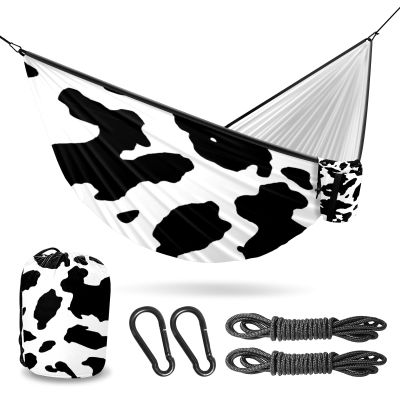 Outdoor Camping Hammock Cow Print Pattern Double Single Hammocks with 2 Tree Straps, Lightweight Portable Heavy Duty Nylon Hammocks for Backpacking Travel Beach Backyard Patio Hiking