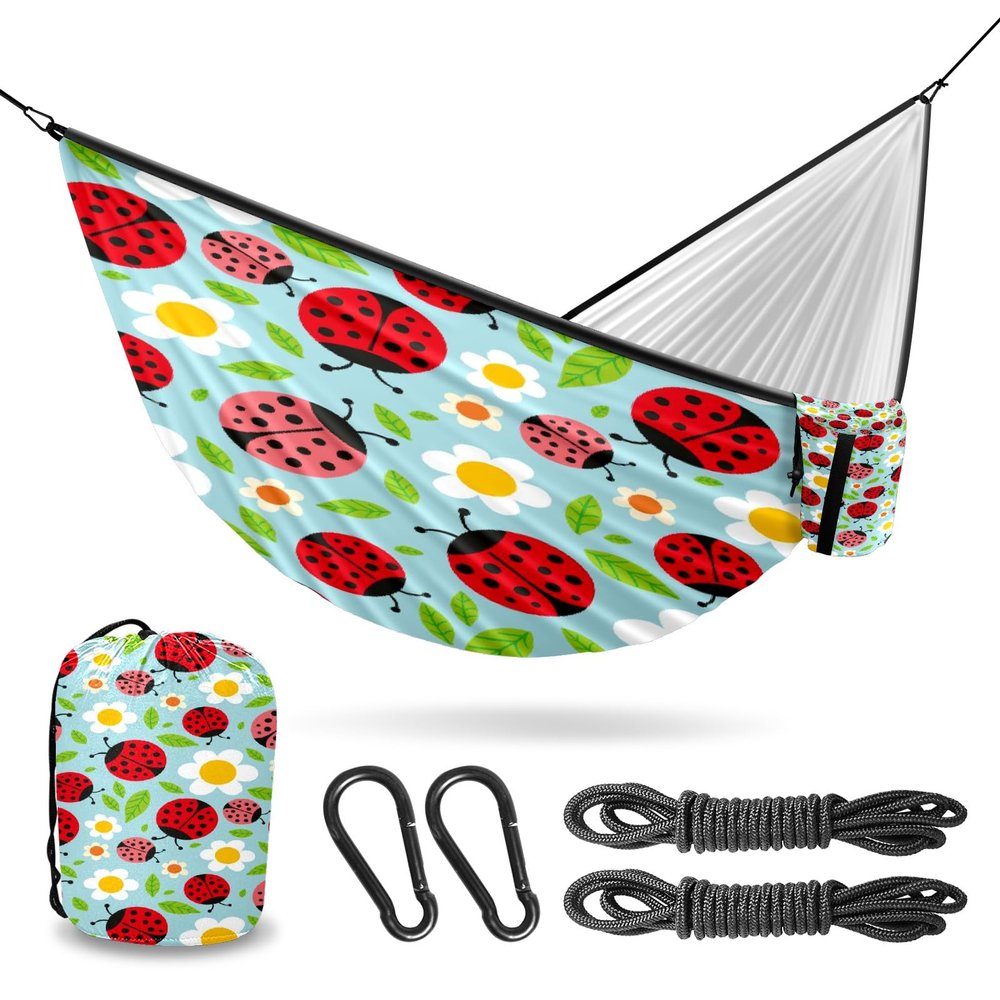 Outdoor Camping Hammock Ladybugs and Flowers Double Single Hammocks with 2 Tree Straps, Lightweight Portable Heavy Duty Nylon Hammocks for Backpacking Travel Beach Backyard Patio Hiking
