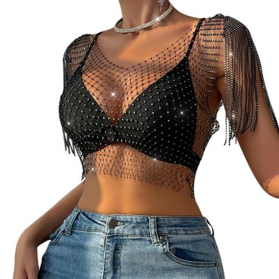 RARITYUS Women Sparkle Rhinestone Mesh Crop Top Sexy Fringe Shoulder T Shirt Hollow Out Crystal Tank Tops Party Clubwear Black