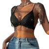 RARITYUS Women Sparkle Rhinestone Mesh Crop Top Sexy Fringe Shoulder T Shirt Hollow Out Crystal Tank Tops Party Clubwear Black view 1