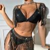RARITYUS Women Sparkle Rhinestone Mesh Crop Top Sexy Fringe Shoulder T Shirt Hollow Out Crystal Tank Tops Party Clubwear Black view 2