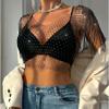 RARITYUS Women Sparkle Rhinestone Mesh Crop Top Sexy Fringe Shoulder T Shirt Hollow Out Crystal Tank Tops Party Clubwear Black view 3