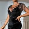 RARITYUS Women Sparkle Rhinestone Mesh Crop Top Sexy Fringe Shoulder T Shirt Hollow Out Crystal Tank Tops Party Clubwear Black view 4