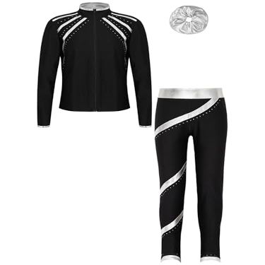 Huimingda Kids Girls Figure Skating Outfit Shiny Ice Skating Jacket with Athletic Leggings Sets Performance Dancewear Silver A 8 Years