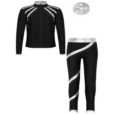 Huimingda Kids Girls Figure Skating Outfit Shiny Ice Skating Jacket with Athletic Leggings Sets Performance Dancewear Silver A 8 Years