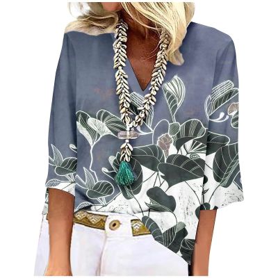 NineFit Basics Outfits for Women, Yellow Tops for Women Loose Fitting Tops for Women 3/4 Sleeve Shirt Ladies Blouse V-Neck Tunic Dressy 2024 Tee Print Casual Fashion Tshirt Breathable Summer (Blue,XX-Large)