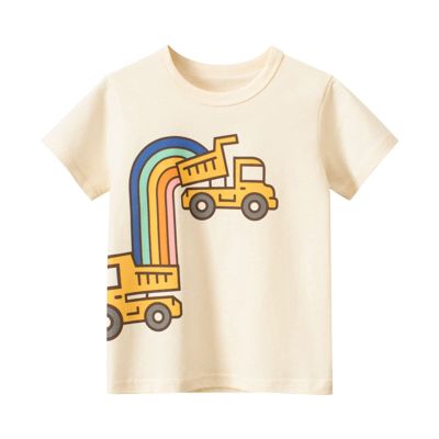 6 Apparel Short Sleeve Tees Cotton Casual Car Rainbow Graphic Crewneck Summer Top Clothes T Shirts (Beige, 12-24 Months)