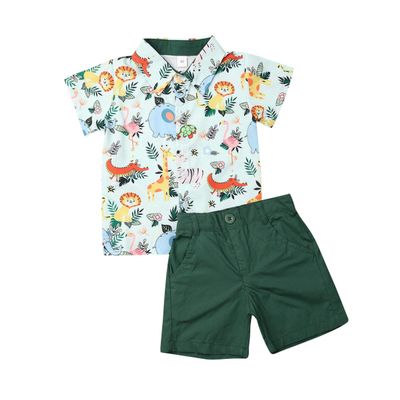 allshope Toddler Baby Boy Summer Outfit Short Sleeve Animal Print Shirt Top and Casual Shorts Set Cute Kids Clothes (Green, 18-24 Months)