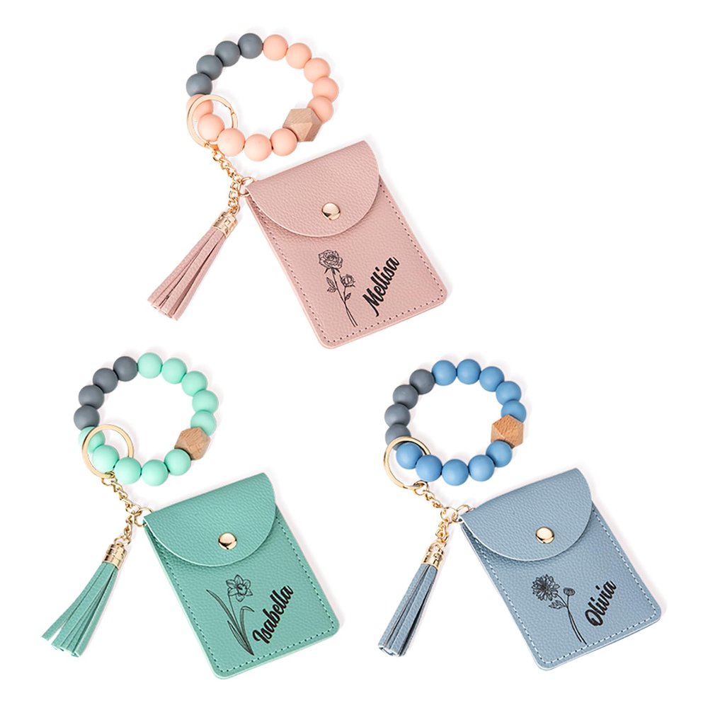 callie Personalized Birth Flower Keychain Wristlet Wallet for Women, Custom Small Wallet Beaded Keychain Bracelet with Credit Card Holder, Mothers Day Birthday Christmas Gifts