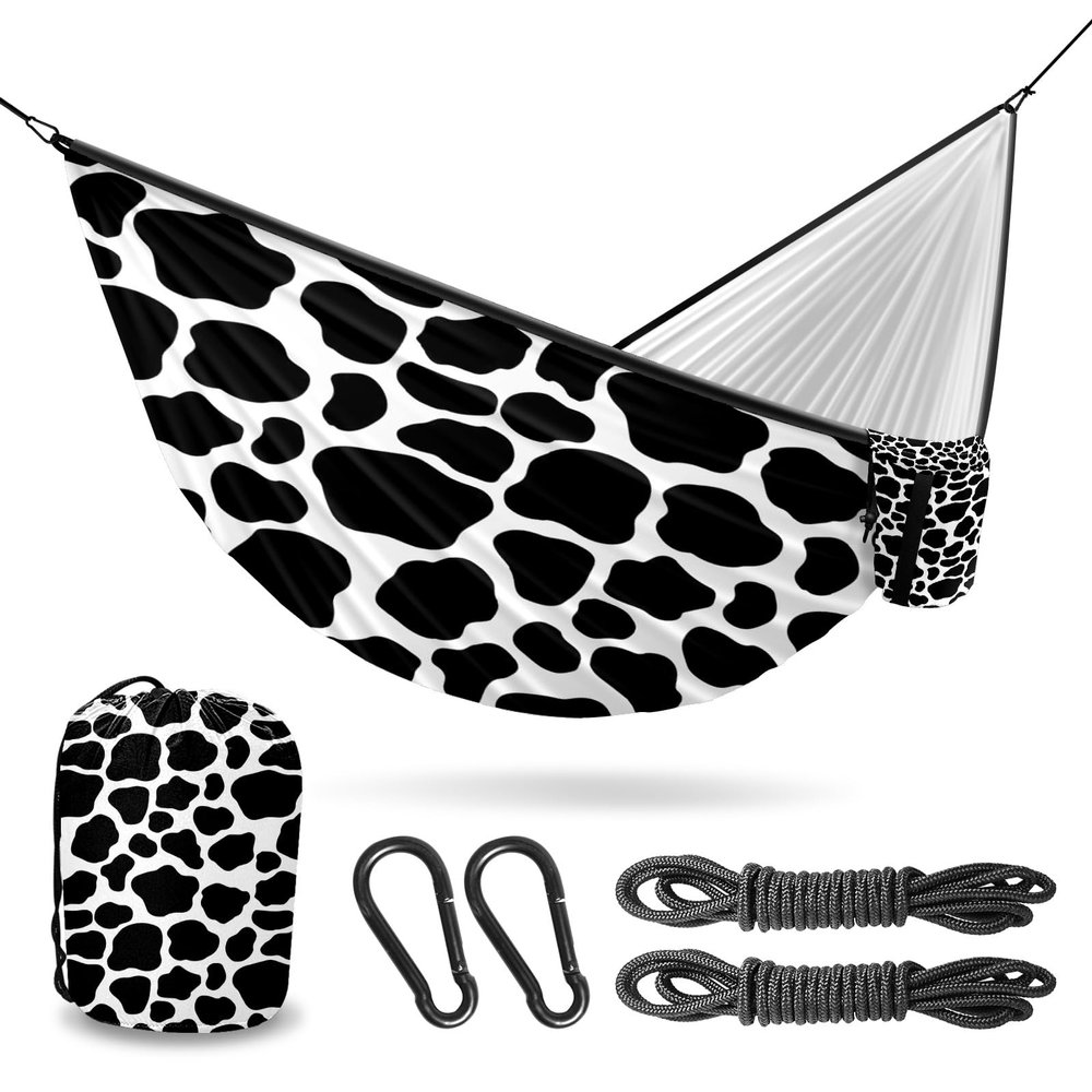 Cow Print Camping Hammock Outdoor Double Single Hammocks with 2 Tree Straps, Lightweight Portable Heavy Duty Nylon Hammocks for Backpacking Travel Beach Backyard Patio Hiking