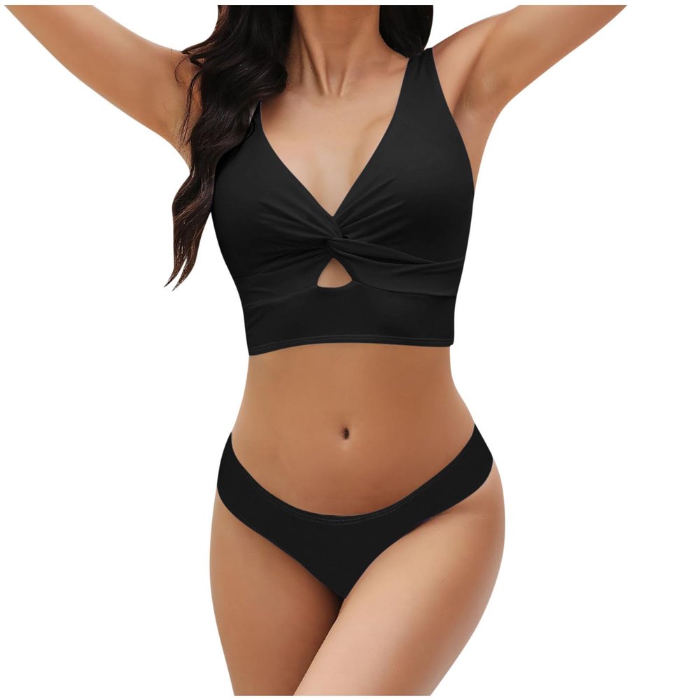 Twist Front Swim Suits for Women 2024 Trendy Solid Color Bikini Push Up Brazilian Swimwear High Cut Beachwear Set Swimsuit
