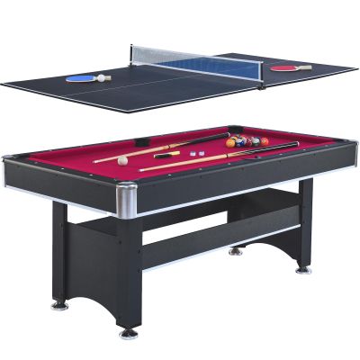 6 Ft Multi Game Billiarb/Pool Table with Table Tennis Top for Family Game Rooms, Lounge, Bar or Clubs, Including Cues, Balls and Paddles (Black with Red Felt)