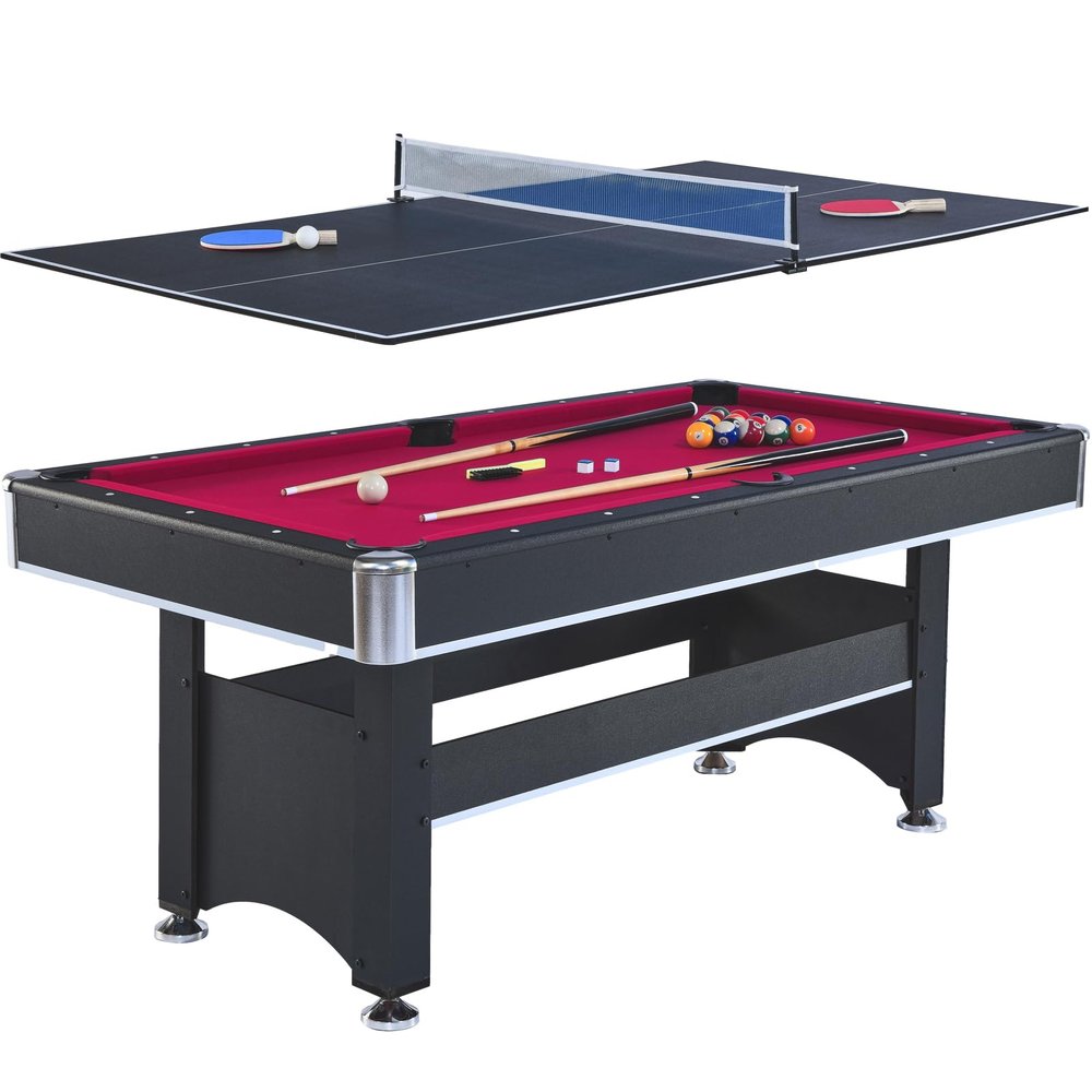 6 Ft Multi Game Billiarb/Pool Table with Table Tennis Top for Family Game Rooms, Lounge, Bar or Clubs, Including Cues, Balls and Paddles (Black with Red Felt)