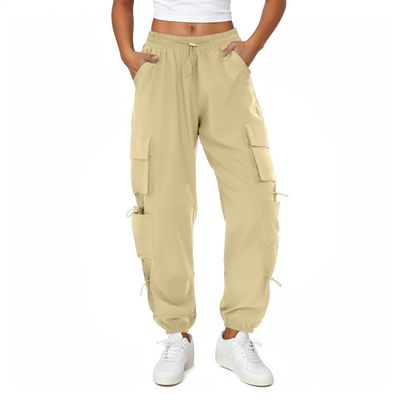 COPYLEAF Womens Parachute Cargo Pants with Pockets Quick Dry Hiking Pants Lightweight Water-Resistant Baggy Joggers(Light Khaki M)