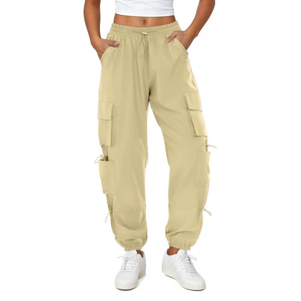 COPYLEAF Womens Parachute Cargo Pants with Pockets Quick Dry Hiking Pants Lightweight Water-Resistant Baggy Joggers(Light Khaki M)