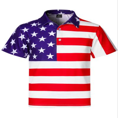 Boys American Flag Patriotic Golf Polo 4th of July Stars Stripes Pieced Short Sleeve Button Down Shirt, Red, X-Large