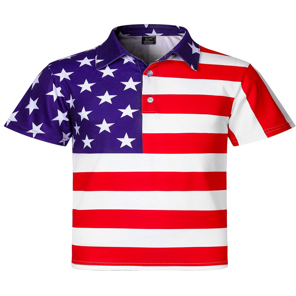 Boys American Flag Patriotic Golf Polo 4th of July Stars Stripes Pieced Short Sleeve Button Down Shirt, Red, X-Large
