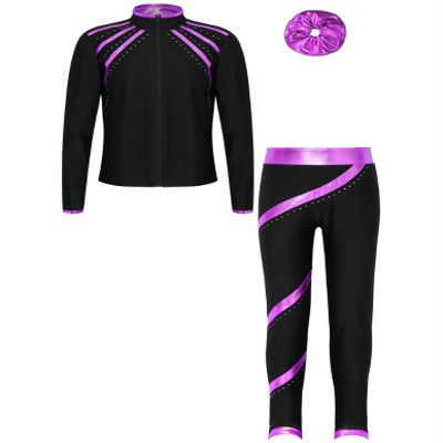 Huimingda Kids Girls Figure Skating Outfit Shiny Ice Skating Jacket with Athletic Leggings Sets Performance Dancewear Purple A 8 Years