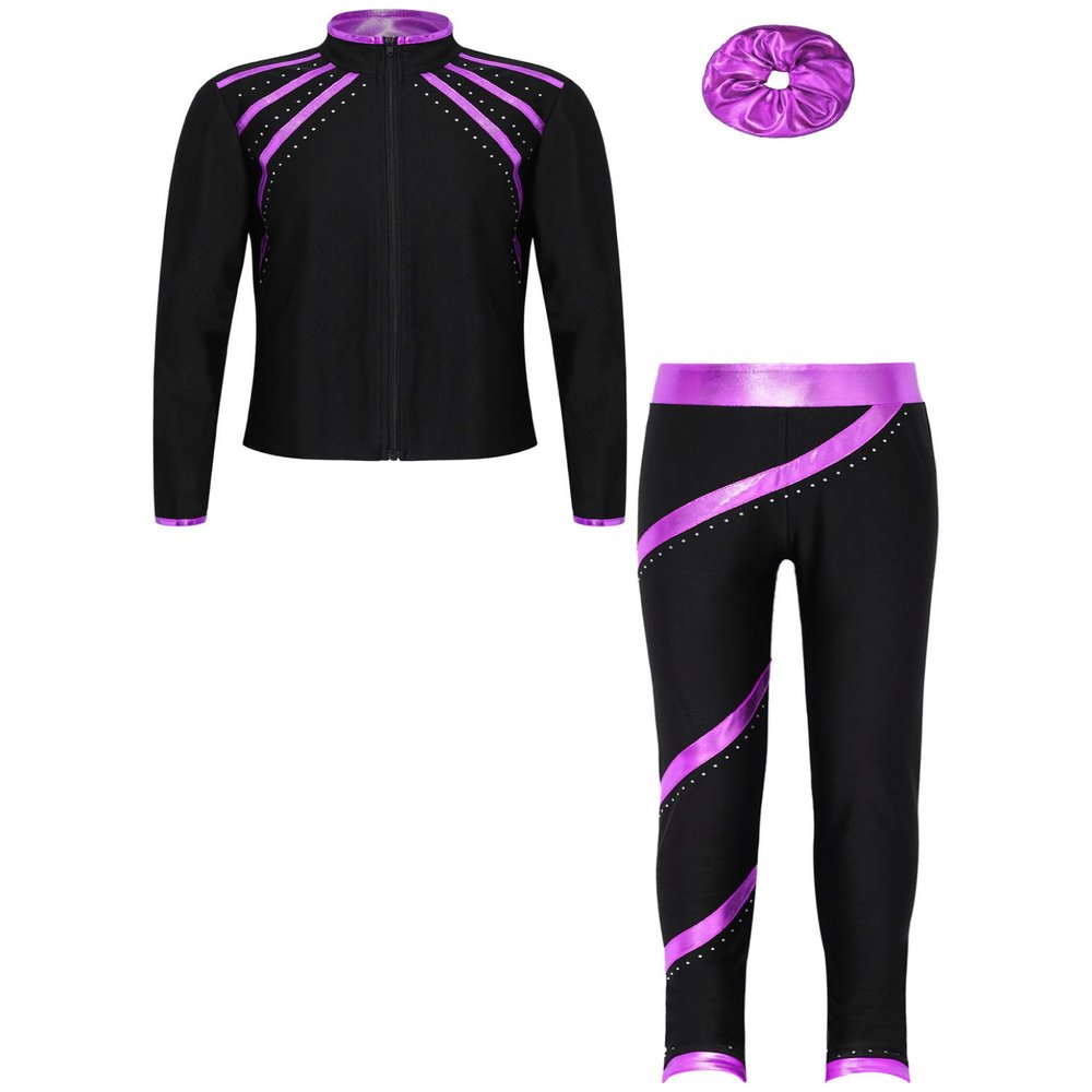 Huimingda Kids Girls Figure Skating Outfit Shiny Ice Skating Jacket with Athletic Leggings Sets Performance Dancewear Purple A 8 Years