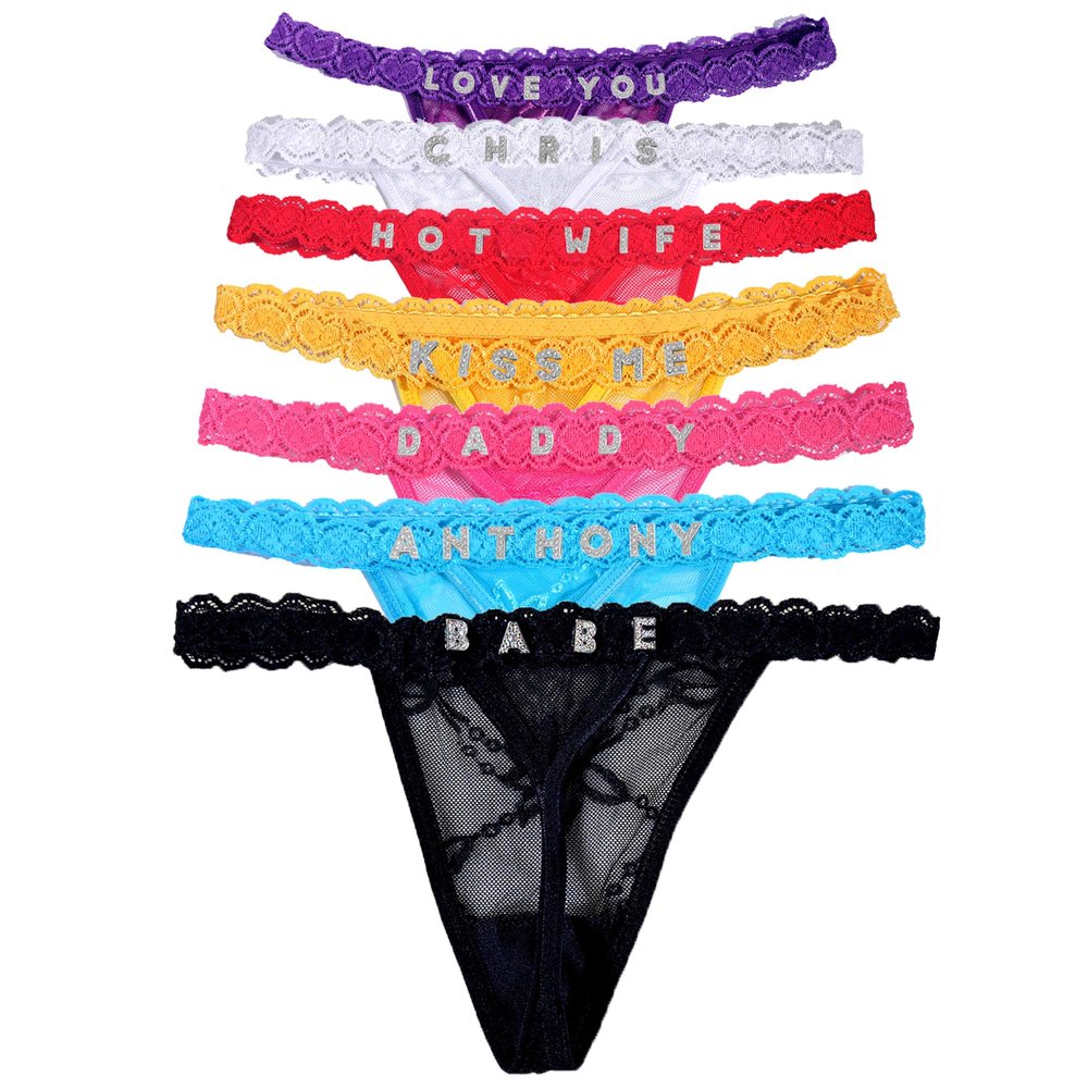 Personalized Name Thongs Custom G-String Thong for Women Customized Rhinestone Letters Lace Panties Underwear Gift (US, Alpha, One Size, Regular, Regular, Style 02)