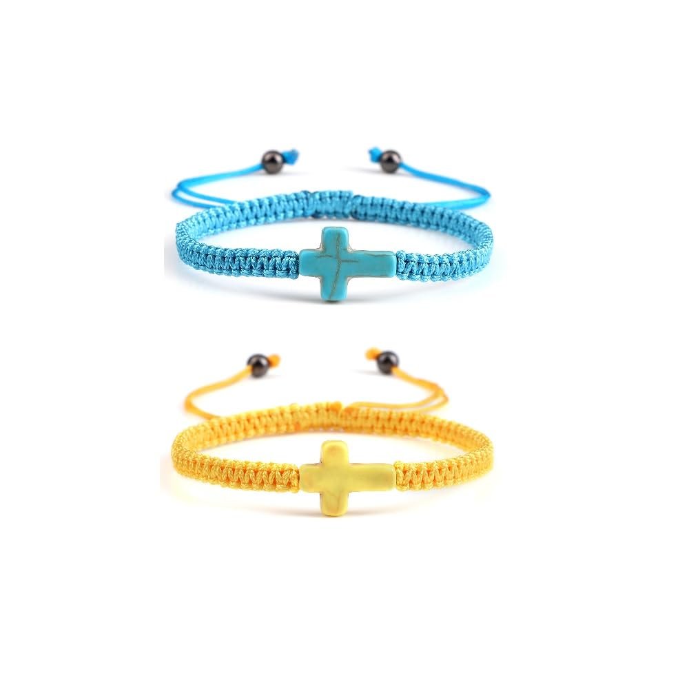 Adjustable Handmade Cross Braided Rope Bracelet for Christian Colorful Matching Couple Charm Jewelry Inspirational Religious Woven Bracelet Birthday Easter Thanksgiving Christmas Gifts-Blue Yellow