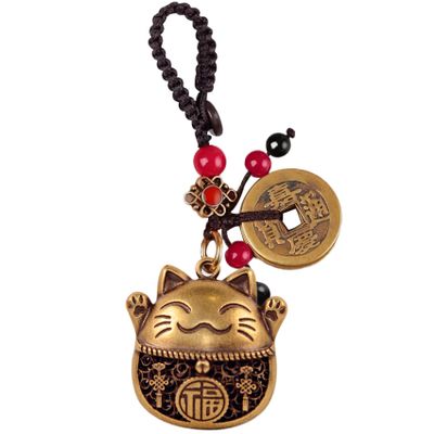 Yisinar Lucky Cat Charms,Maneki Neko Brass Cat Keychain With Feng Shui Coins,Buddha Statue Kitty Good Luck Charms (Lucky Cat)