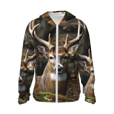 Camouflage Deer Print Sun Protection Hoodie Jacket Full Zip Long Sleeve Sun Shirt with Pockets for Outdoor