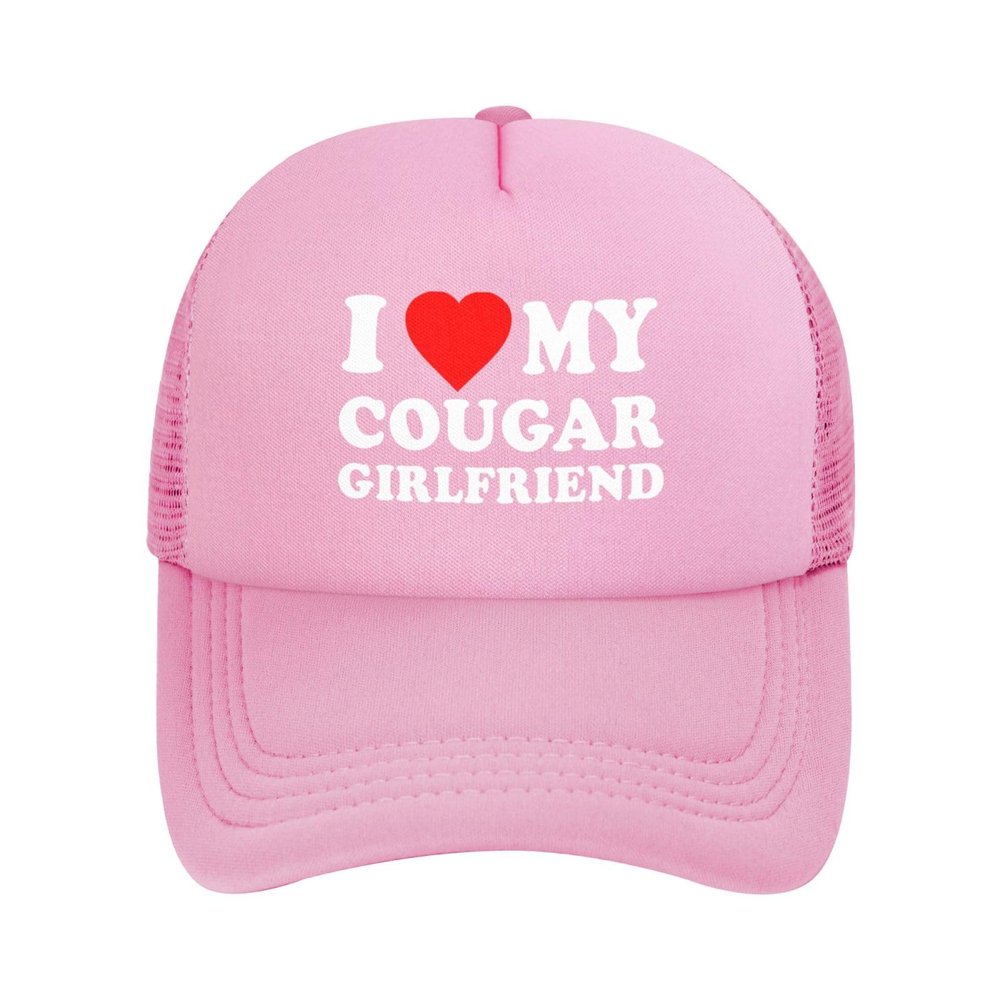 NineFit Basics I Love My Cougar Girlfriend Men's Vintage Mesh Trucker Hat Outdoor Sport Summer Baseball Cap Pink