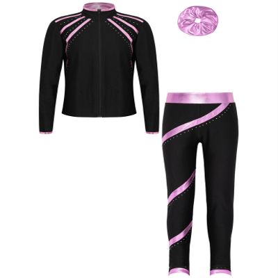Huimingda Kids Girls Figure Skating Outfit Shiny Ice Skating Jacket with Athletic Leggings Sets Performance Dancewear Pink A 8 Years