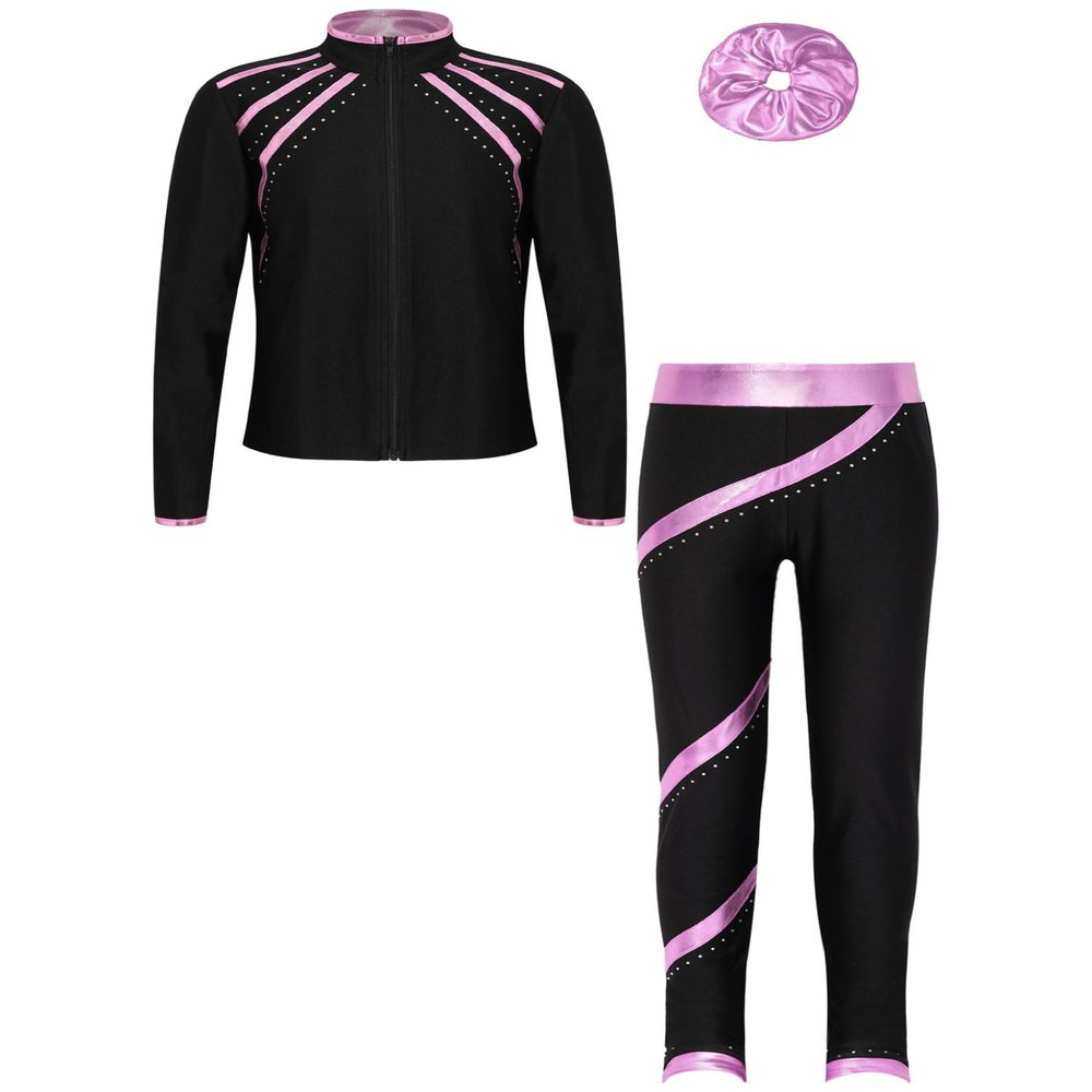 Huimingda Kids Girls Figure Skating Outfit Shiny Ice Skating Jacket with Athletic Leggings Sets Performance Dancewear Pink A 8 Years