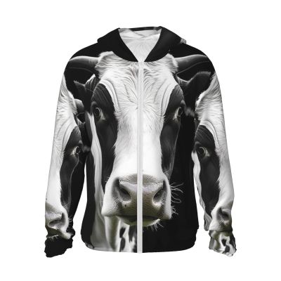 Animal Funny Cow Head Black White Print Sun Protection Hoodie Jacket Full Zip Long Sleeve Sun Shirt with Pockets for Outdoor