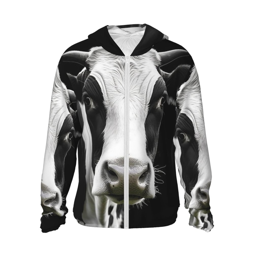 Animal Funny Cow Head Black White Print Sun Protection Hoodie Jacket Full Zip Long Sleeve Sun Shirt with Pockets for Outdoor