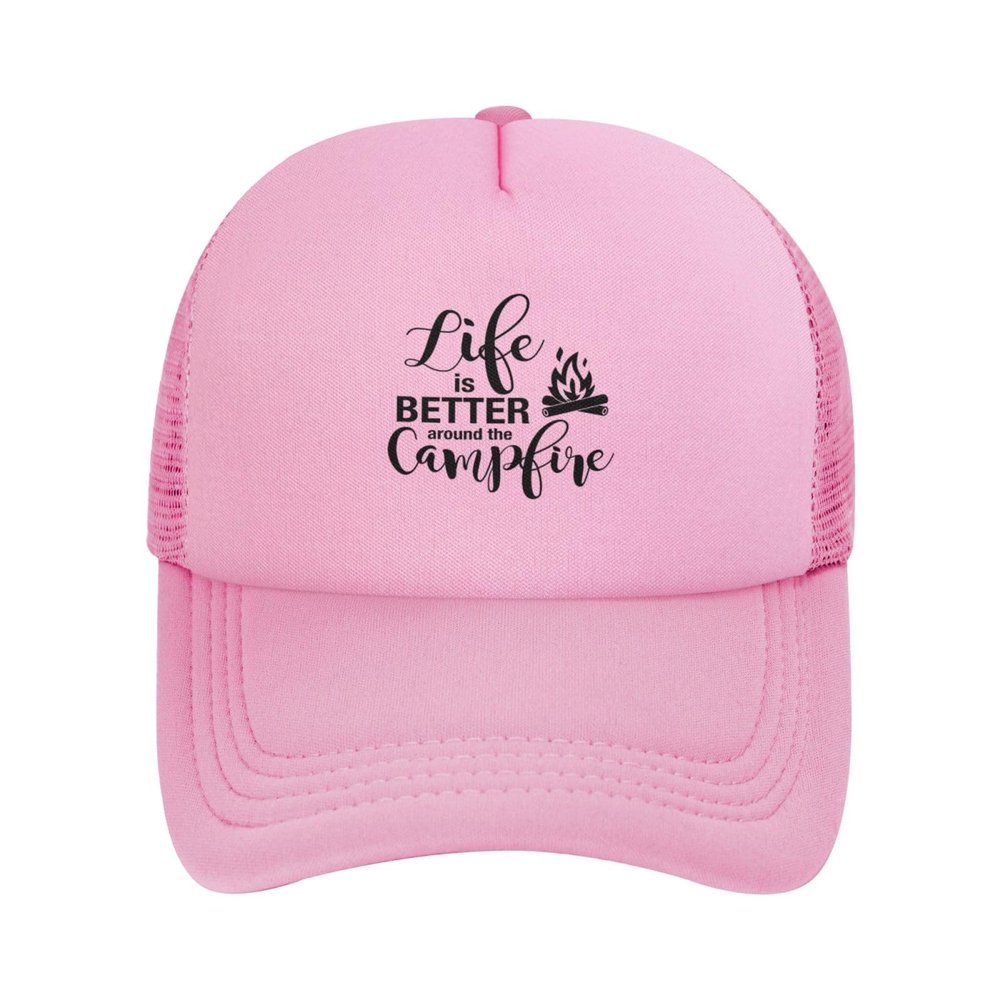 Life is Better Around The Campfire Men's Vintage Mesh Trucker Hat Outdoor Sport Summer Baseball Cap Pink