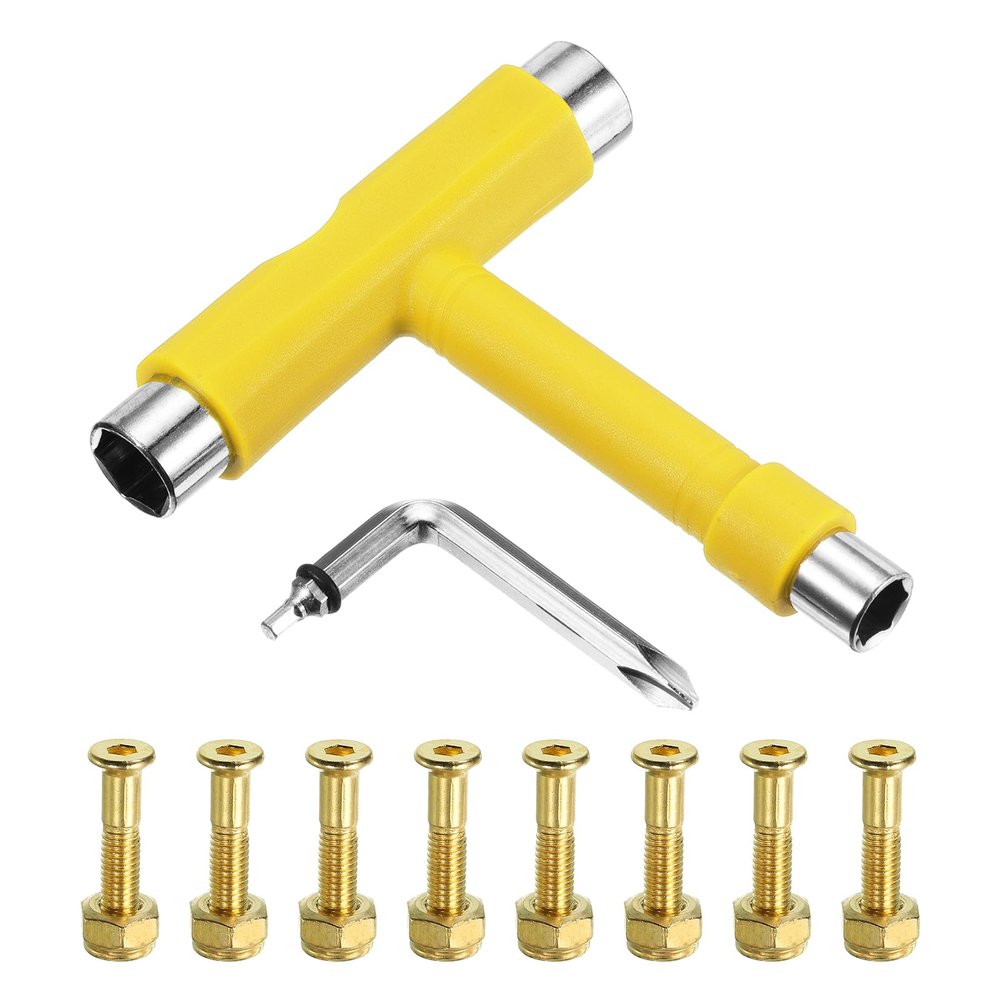 PATIKIL All-in-One Skate Tool with 8 Skateboard Hardware Screw Bolts, Multi-Function Portable Skateboard Tool T Wrench with L-Type Cross Head Screwdriver for Roller Skate, Yellow