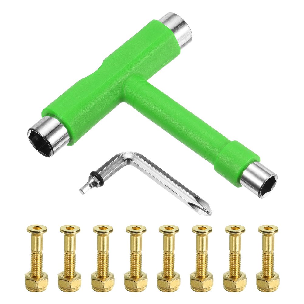 PATIKIL All-in-One Skate Tool with 8 Skateboard Hardware Screw Bolts, Multi-Function Portable Skateboard Tool T Wrench with L-Type Cross Head Screwdriver for Roller Skate, Green