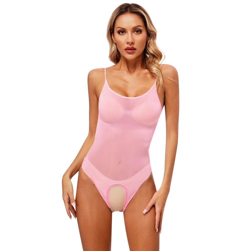 Agoky Women's One Piece Mesh Sheer Nylon Bodysuits Shapewear Stretchy Leotard Sleeveless Bikini Tops Crotchless One Size