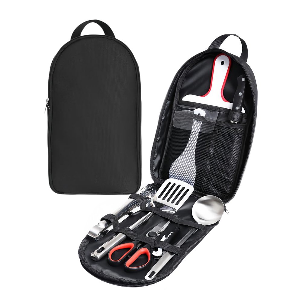 SXLINGDO Outdoor Cutlery Storage Bag, Hanging Cutlery Organizer, Camping Travel Cooking Utensils Organizer Travel Bag (Black), 19.5*5*40cm