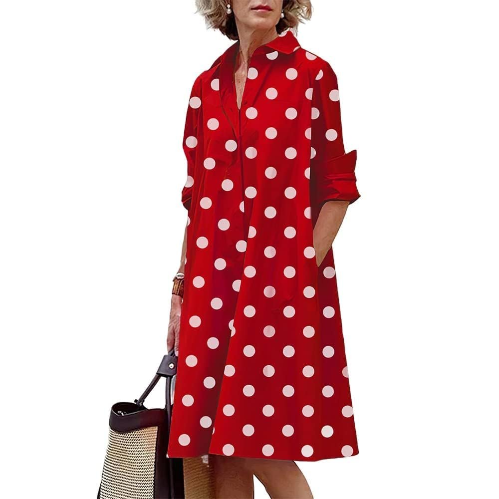 Costaric Maxi Dress for Women Long Sleeve Floral Shirt Dress Cotton Linen Button Down V Neck Floral Shirt Dress with Pockets Women Plus Size Linen Dress Polo Women Shirts Dress, Large