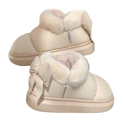 Cute Bow Snow Boots Winter Waterproof Slip Resistant Cold Weather Shoes Indoor Outdoor Warm Fuzzy Fluffy Slippers (White,6,6.5)