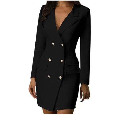 Women's Casual Long Sleeve Blazer Jackets Notched Collar Double Breasted Elegant Wrap Dress Work Blazers with Pockets