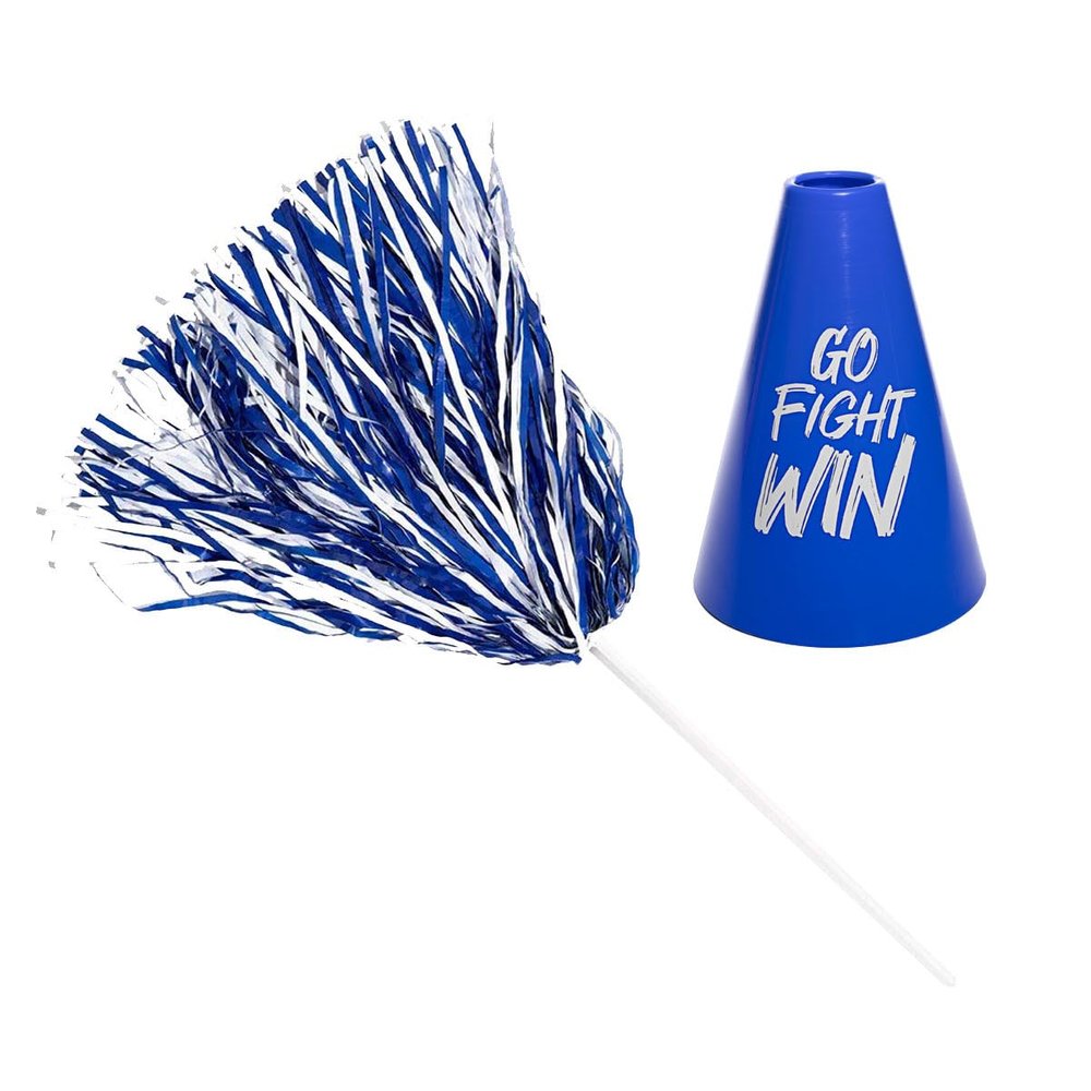 Anderson's Blue and White Pom Poms and Go Fight Win Megaphones, Set of 20, Plastic Megaphones, Sports, Fan Gear, Homecoming, Cheerleaders