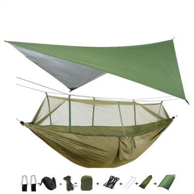 Portable Hammock Lightweight Portable Camping Hammock and Tent Awning Rain Fly Tarp Waterproof Mosquito Net Hammock Canopy Nylon Hammocks (Color : Green and Camouflage) (Green and Green)