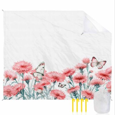 Beach Blanket Waterproof Sandproof Beach Mat,Spring Farm Pink Flower Blossom White Picnic Blankets with Sand Pockets and Stakes,Pastoral Floral Botanical Outdoor Pad for Seaside,Travel 83x79In