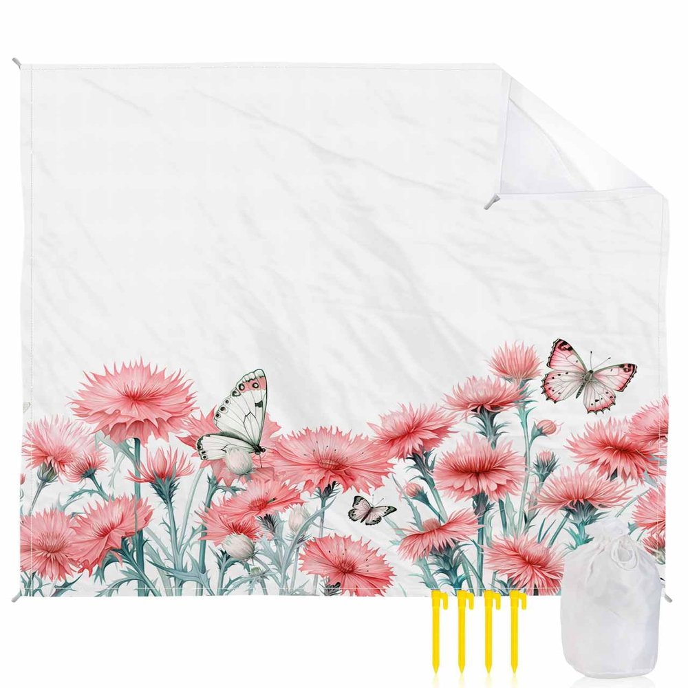 Beach Blanket Waterproof Sandproof Beach Mat,Spring Farm Pink Flower Blossom White Picnic Blankets with Sand Pockets and Stakes,Pastoral Floral Botanical Outdoor Pad for Seaside,Travel 83x79In