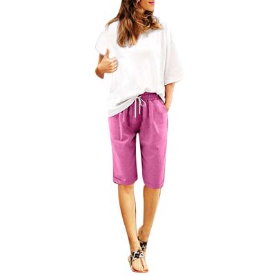 GOKKILRW Loose Fit Beach Short for Women Plus Size Outdoor Traveling Hiking Summer Elastic Waist Capri Shorts Comfy Linen Drawstring Knee Length Baggy Lounge Shorts Hot Pink