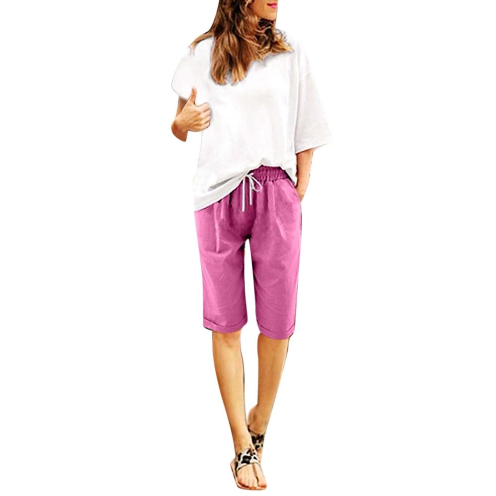 GOKKILRW Loose Fit Beach Short for Women Plus Size Outdoor Traveling Hiking Summer Elastic Waist Capri Shorts Comfy Linen Drawstring Knee Length Baggy Lounge Shorts Hot Pink