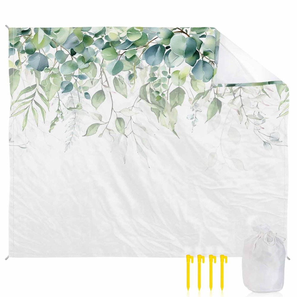 Beach Blanket Waterproof Sandproof Beach Mat,Spring Green Leaves Foliage White Picnic Blankets with Sand Pockets and Stakes,Pastoral Botanical Leaf Outdoor Pad for Seaside,Travel,Camping 83x79In