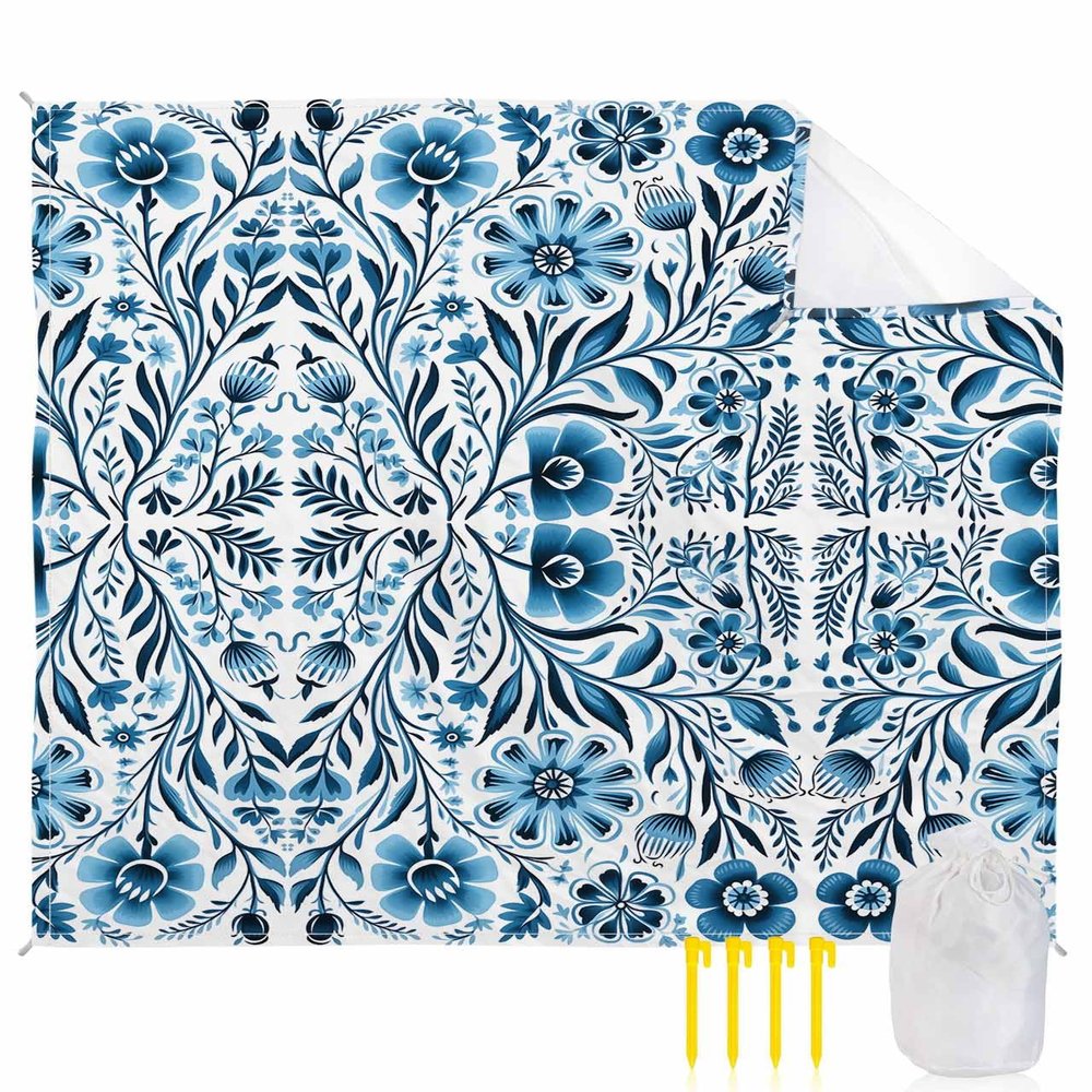 Beach Blanket Waterproof Sandproof Beach Mat,Blue Gradient Abstract Floral Blossom Picnic Blankets with Sand Pockets and Stakes,Retro Flower Tribal Totem Outdoor Pad for Seaside,Travel 83x79In