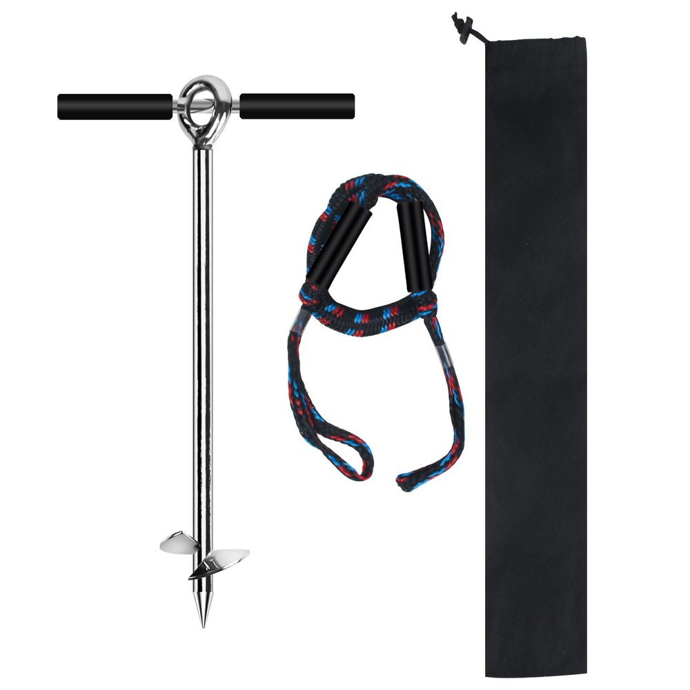 WTMORE Sand Anchor, 18" Length Auger to The Beach and Sandbar,Chromium-Plated Steel Beach Anchor with Removable Handle, Bungee Line & Carry Bag, Boat Sand Anchor Pole for Jet Ski PWC Pontoon Kayak